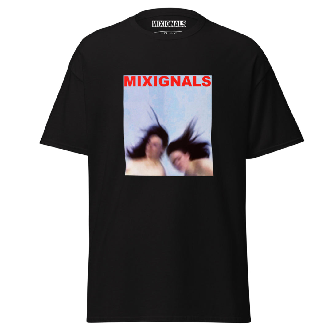 MIXIGNALS Gravity tee, performance still of two figures, artist print by Alex Beriault