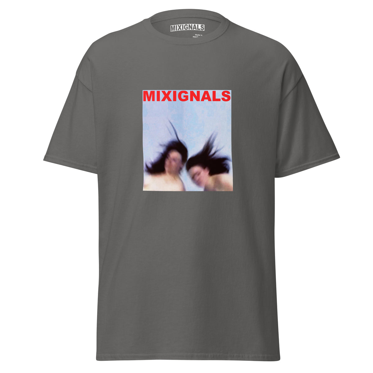 MIXIGNALS GRAVITY tee in charcoal, twinned figures in suspension from Alex Beriault video performance