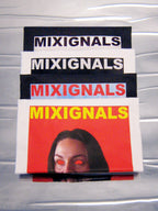 Stacked MIXIGNALS prints with the SIMHASANA lion-pose portrait on orange-red – MIXIGNALS by Alex Beriault