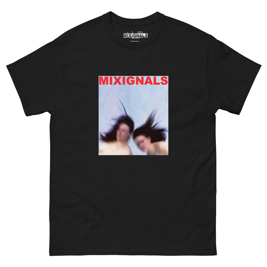 Experimental photographic artwork with blurred twin figures and bold red MIXIGNALS title for streetwear collection