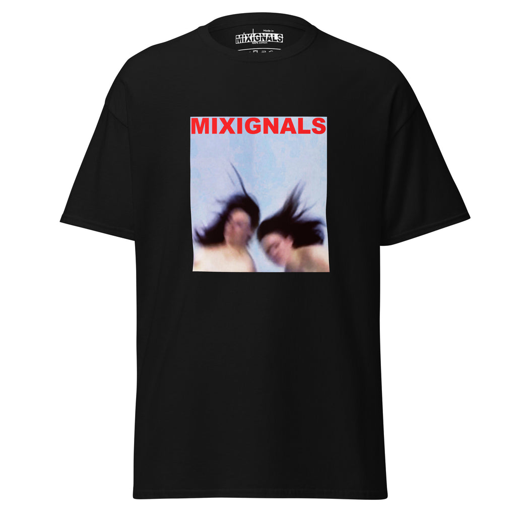 MIXIGNALS graphic design featuring blurred figures with dynamic motion for unisex streetwear t-shirt.