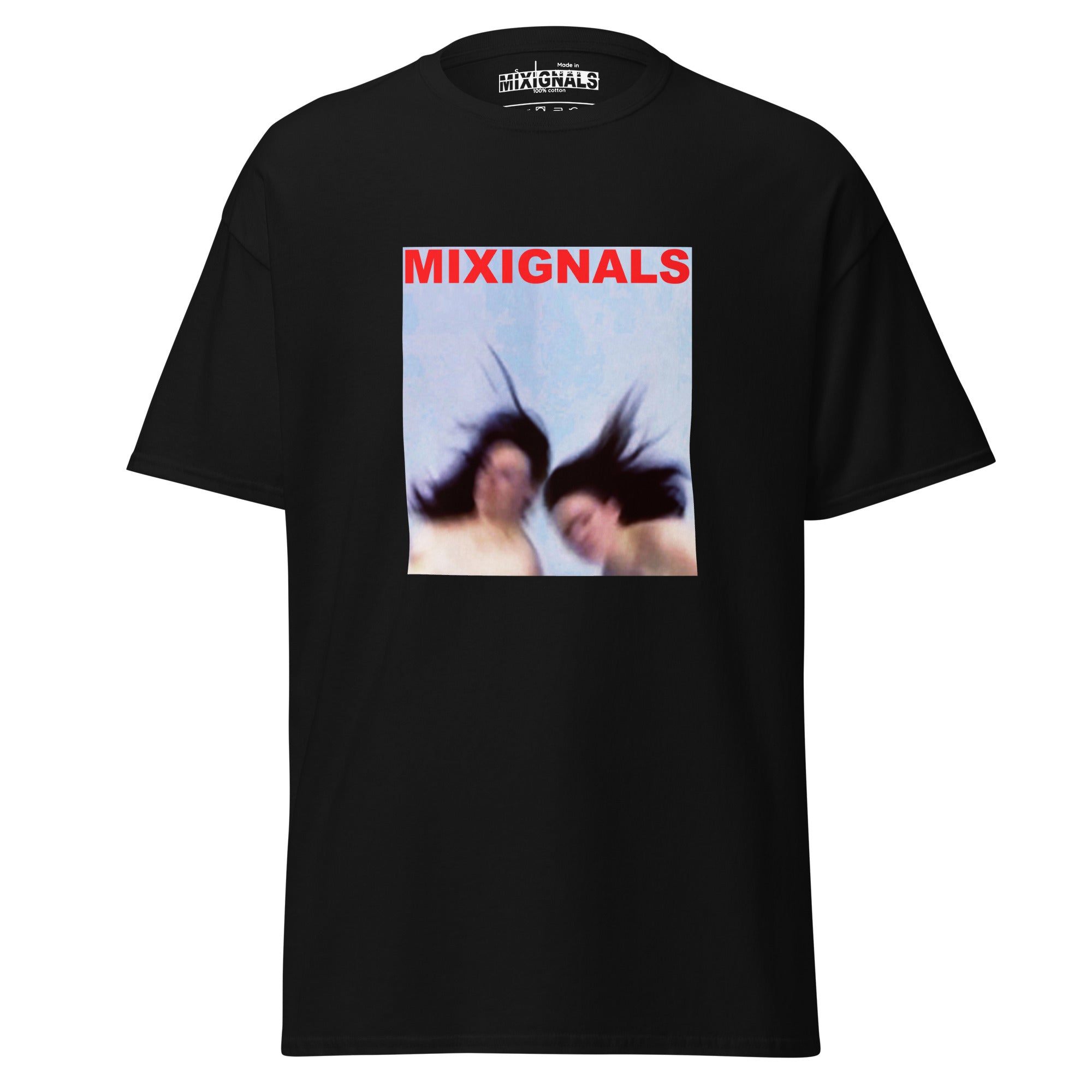 MIXIGNALS graphic design featuring blurred figures with dynamic motion for unisex streetwear t-shirt.