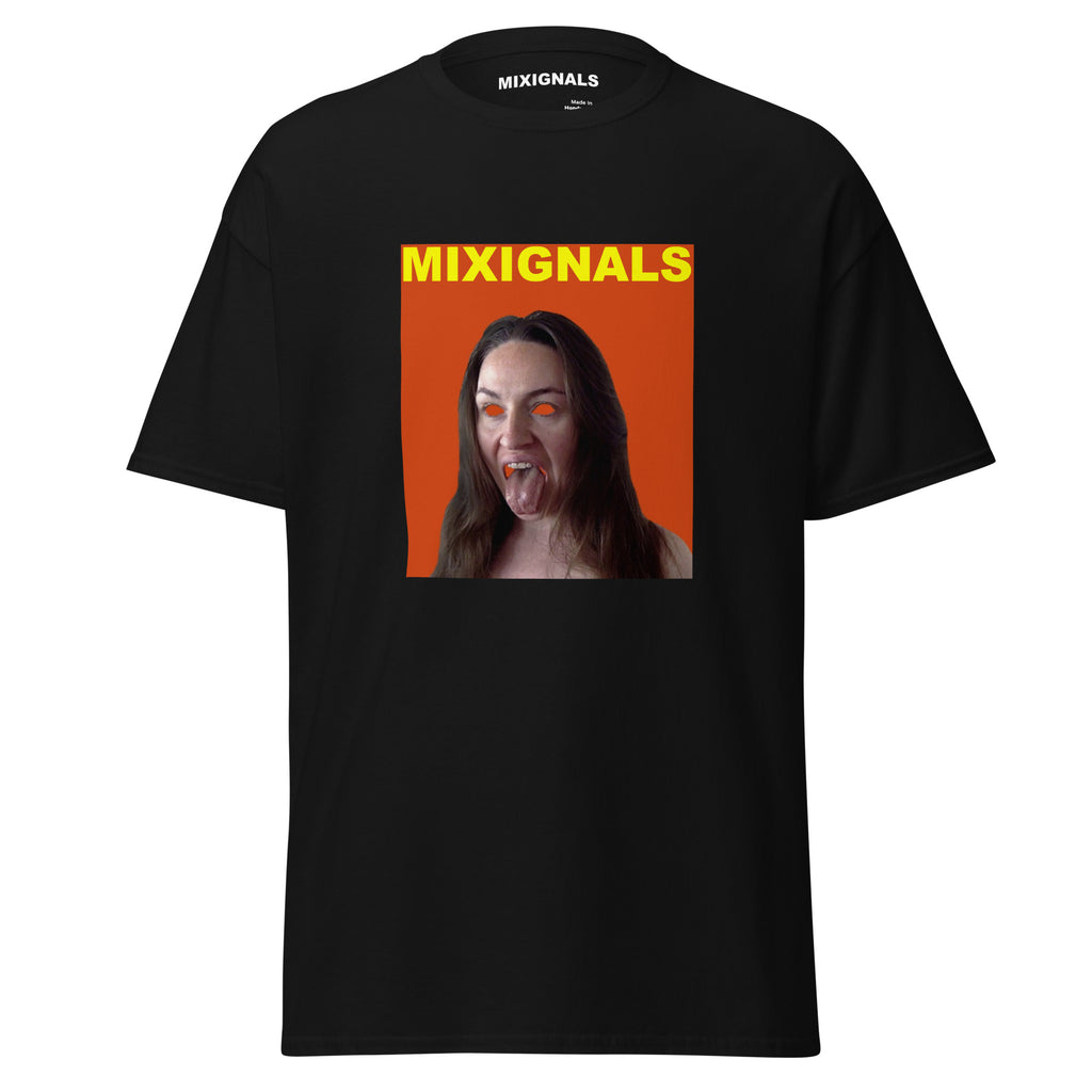 SIMHASANA print on black unisex t-shirt, front view – lion-pose portrait with tongue out on orange-red background – MIXIGNALS