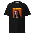 SIMHASANA print on black unisex t-shirt, front view – lion-pose portrait with tongue out on orange-red background – MIXIGNALS
