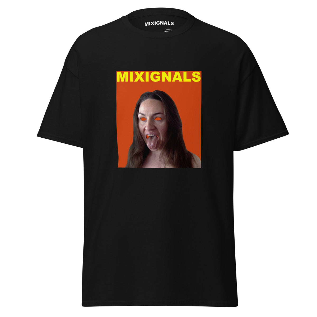 SIMHASANA print on black unisex t-shirt, front view – lion-pose portrait with tongue out on orange-red background – MIXIGNALS