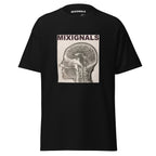 BRAIN SCAN print on black unisex t-shirt, front view – sepia MRI brain scan in profile – MIXIGNALS