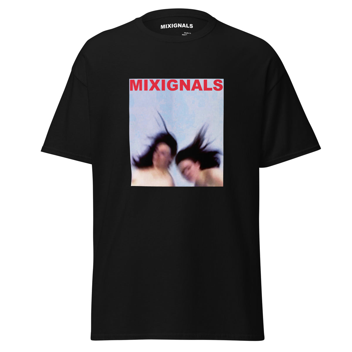 GRAVITY print on black unisex t-shirt, front view – two figures with flying dark hair against pale blue sky – MIXIGNALS