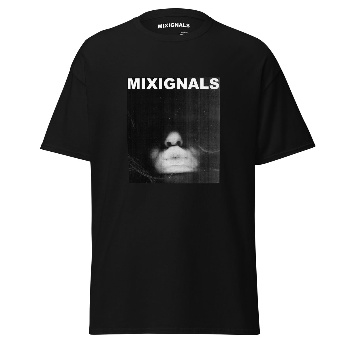 KISS print on black unisex t-shirt, front view – black-and-white Xerox scan of lips and face – MIXIGNALS