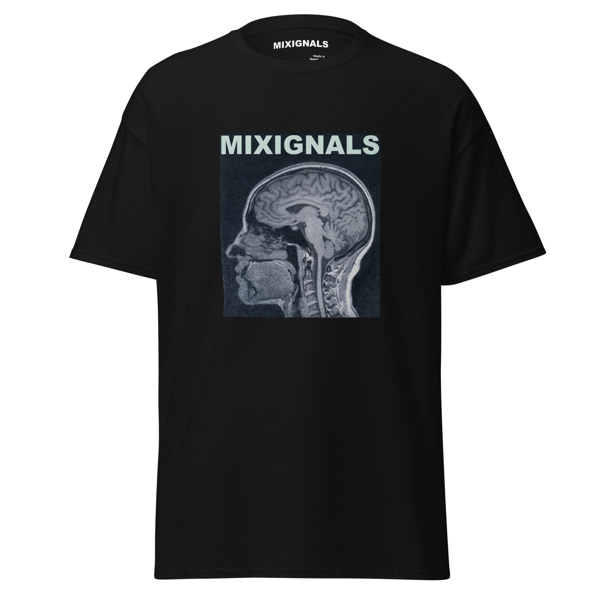BRAIN SCAN INVERT print on black unisex t-shirt, front view – inverted MRI brain scan in profile, cold blue-grey negative – MIXIGNALS