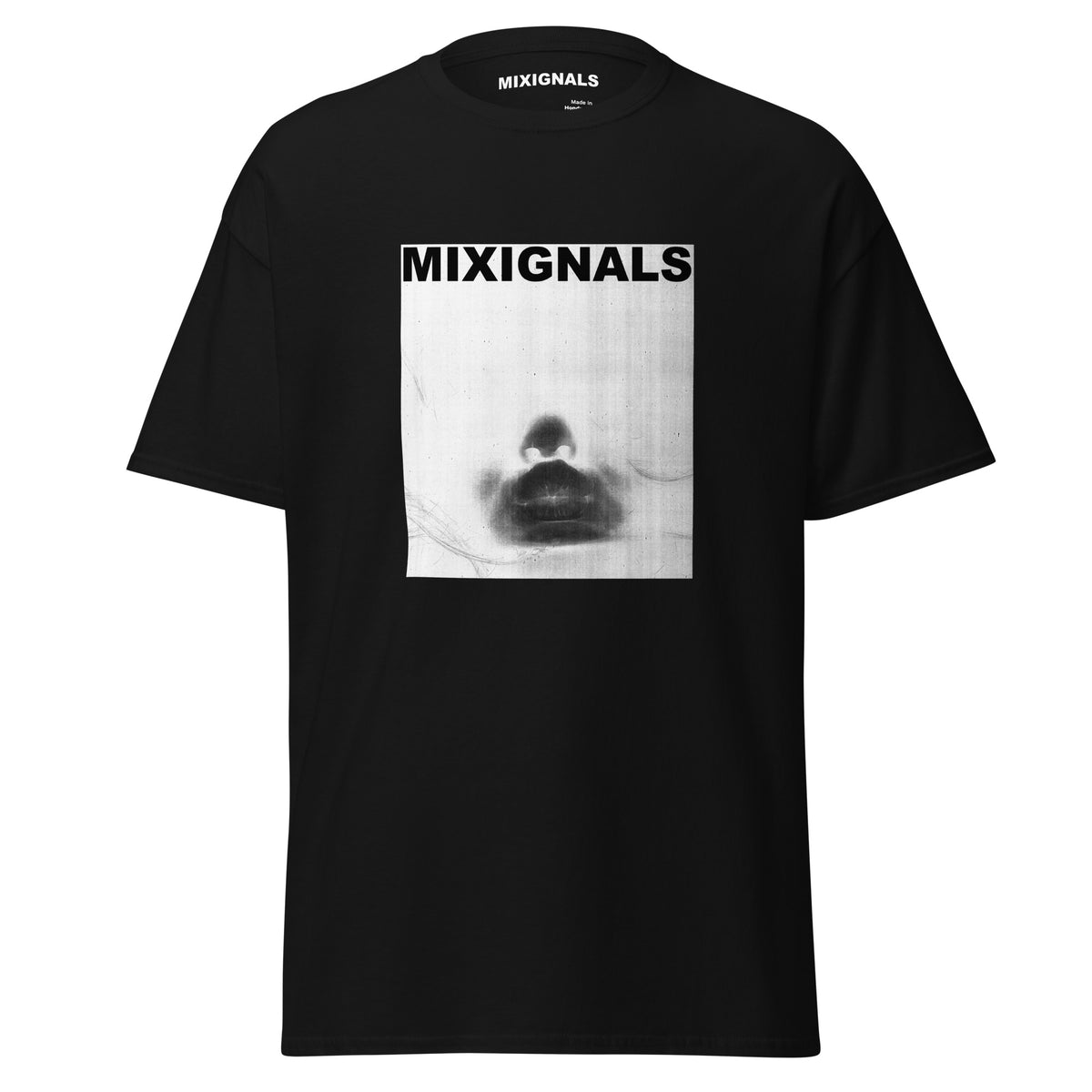 KISS INVERT print on black unisex t-shirt, front view – colour-inverted Xerox scan of lips, dark lips on a pale panel – MIXIGNALS