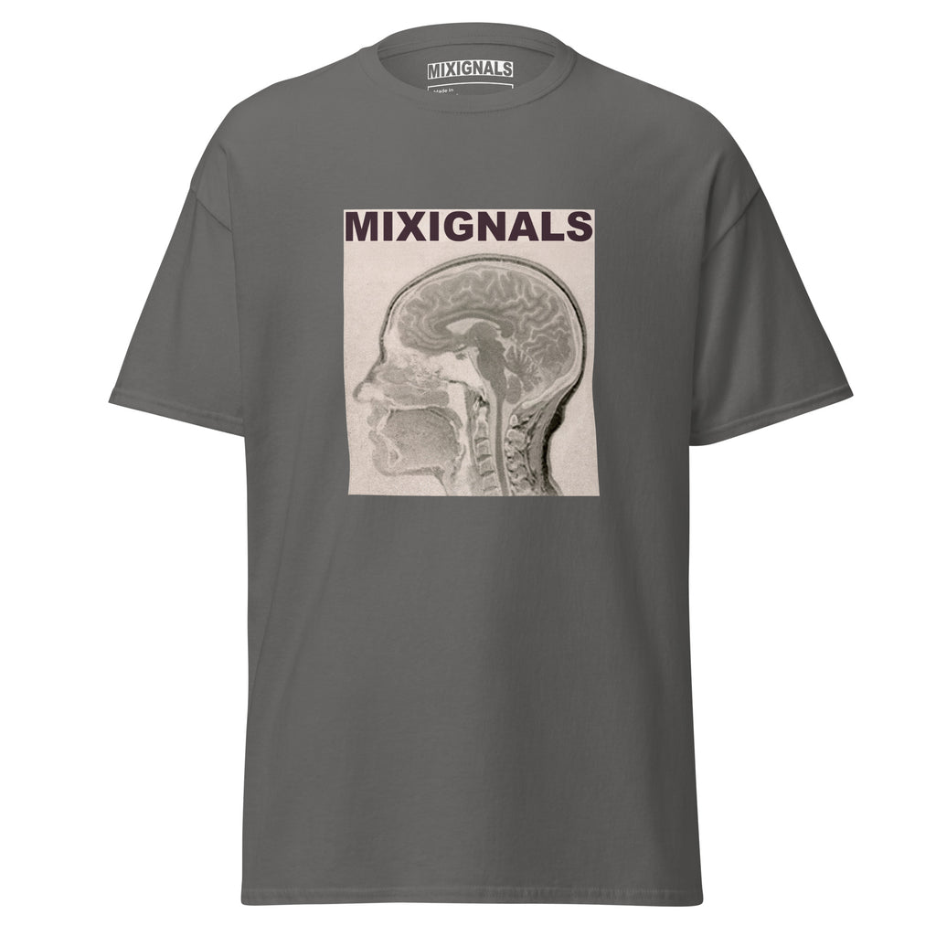 MIXIGNALS MRI brain scan graphic printed on unisex streetwear t-shirt.