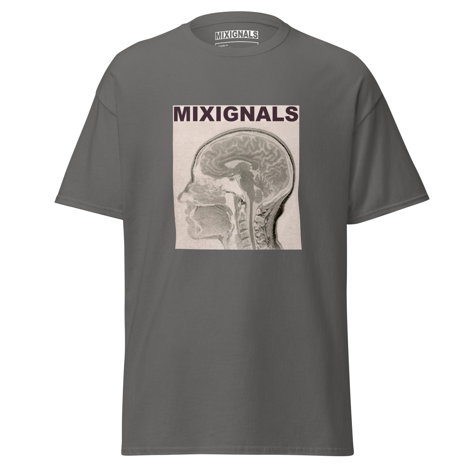 MIXIGNALS MRI brain scan graphic printed on unisex streetwear t-shirt.