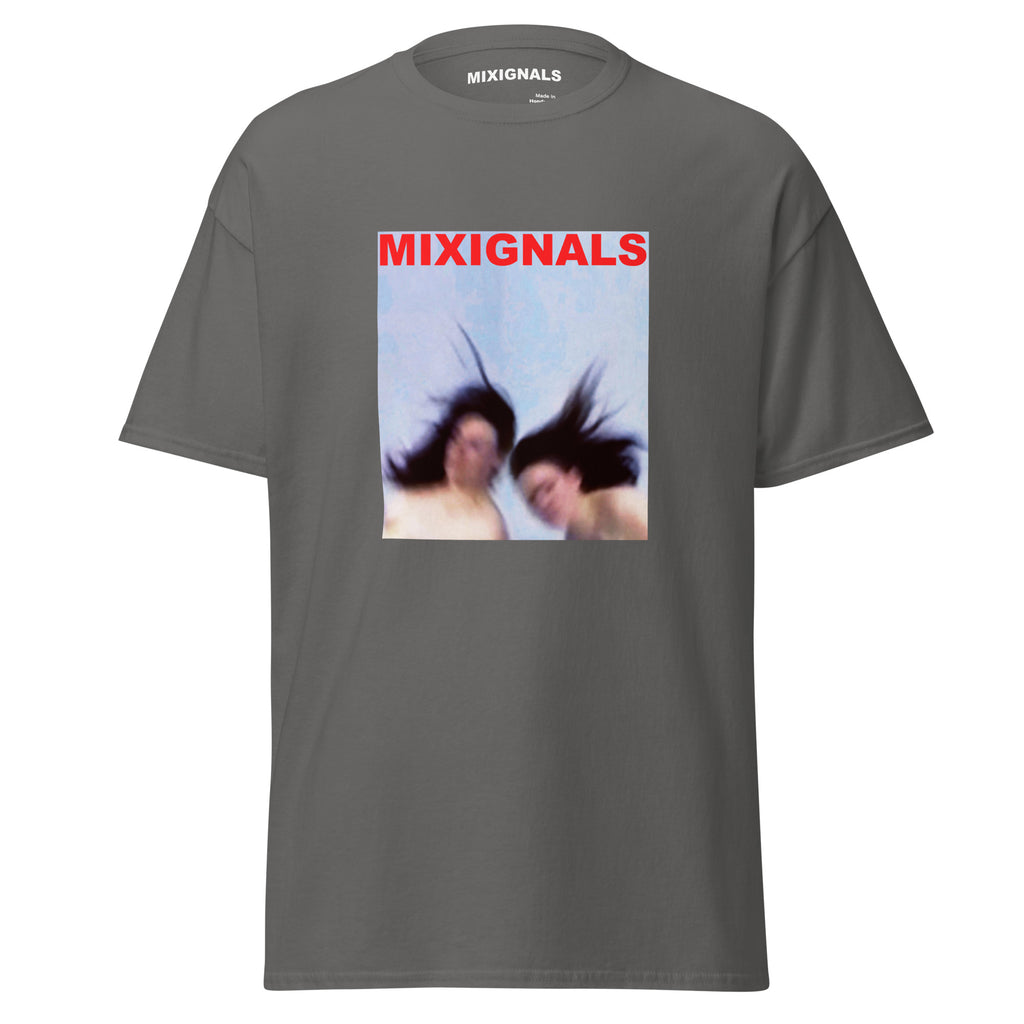 MIXIGNALS GRAVITY tee in charcoal, twinned figures in suspension from Alex Beriault video performance