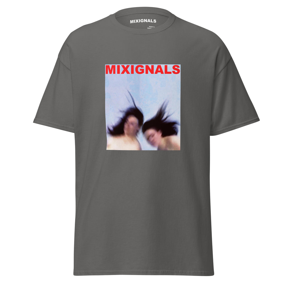 MIXIGNALS GRAVITY tee in charcoal, twinned figures in suspension from Alex Beriault video performance