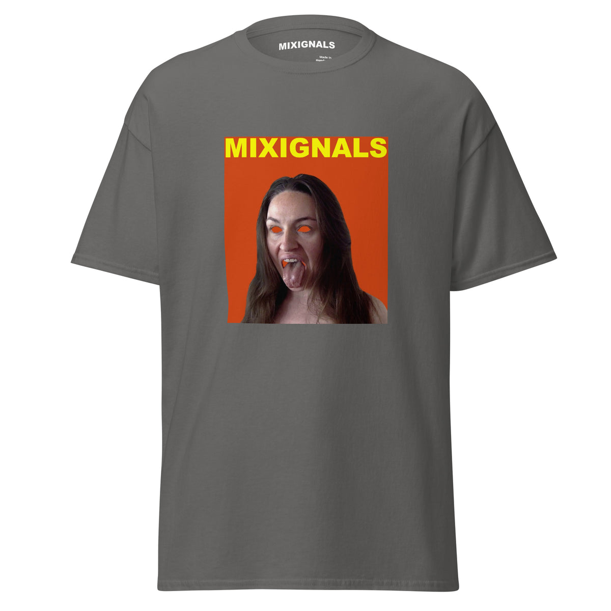 SIMHASANA print on charcoal unisex t-shirt, front view – lion-pose portrait with tongue out on orange-red background – MIXIGNALS