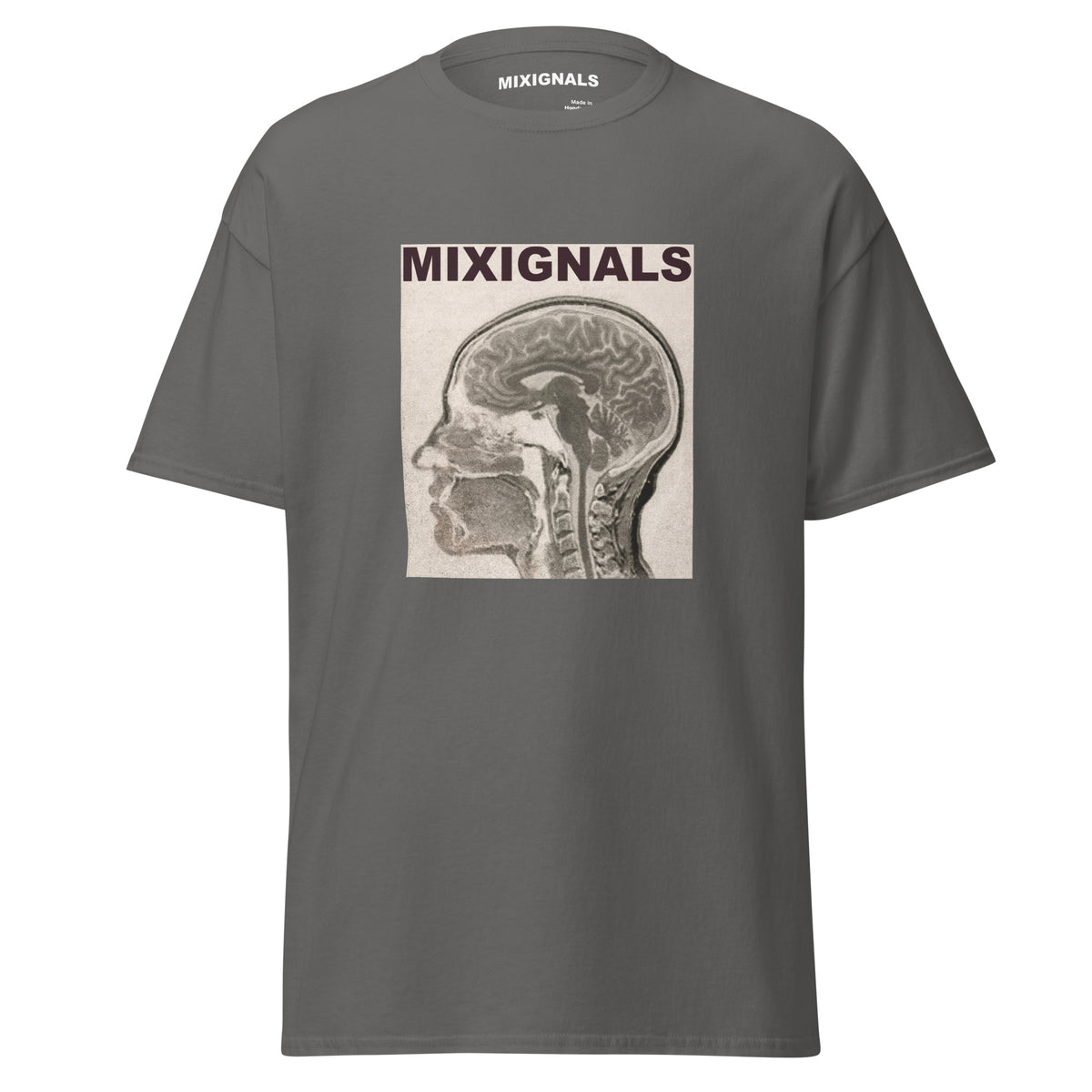 BRAIN SCAN print on charcoal unisex t-shirt, front view – sepia MRI brain scan in profile – MIXIGNALS