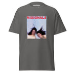 GRAVITY print on charcoal unisex t-shirt, front view – two figures with flying dark hair against pale blue sky – MIXIGNALS