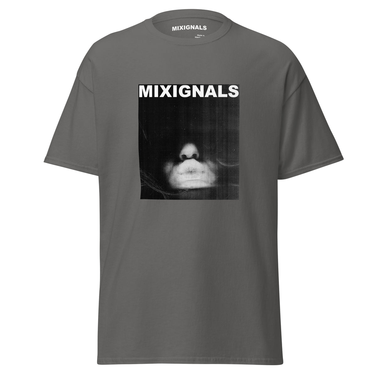 KISS print on charcoal unisex t-shirt, front view – black-and-white Xerox scan of lips and face – MIXIGNALS