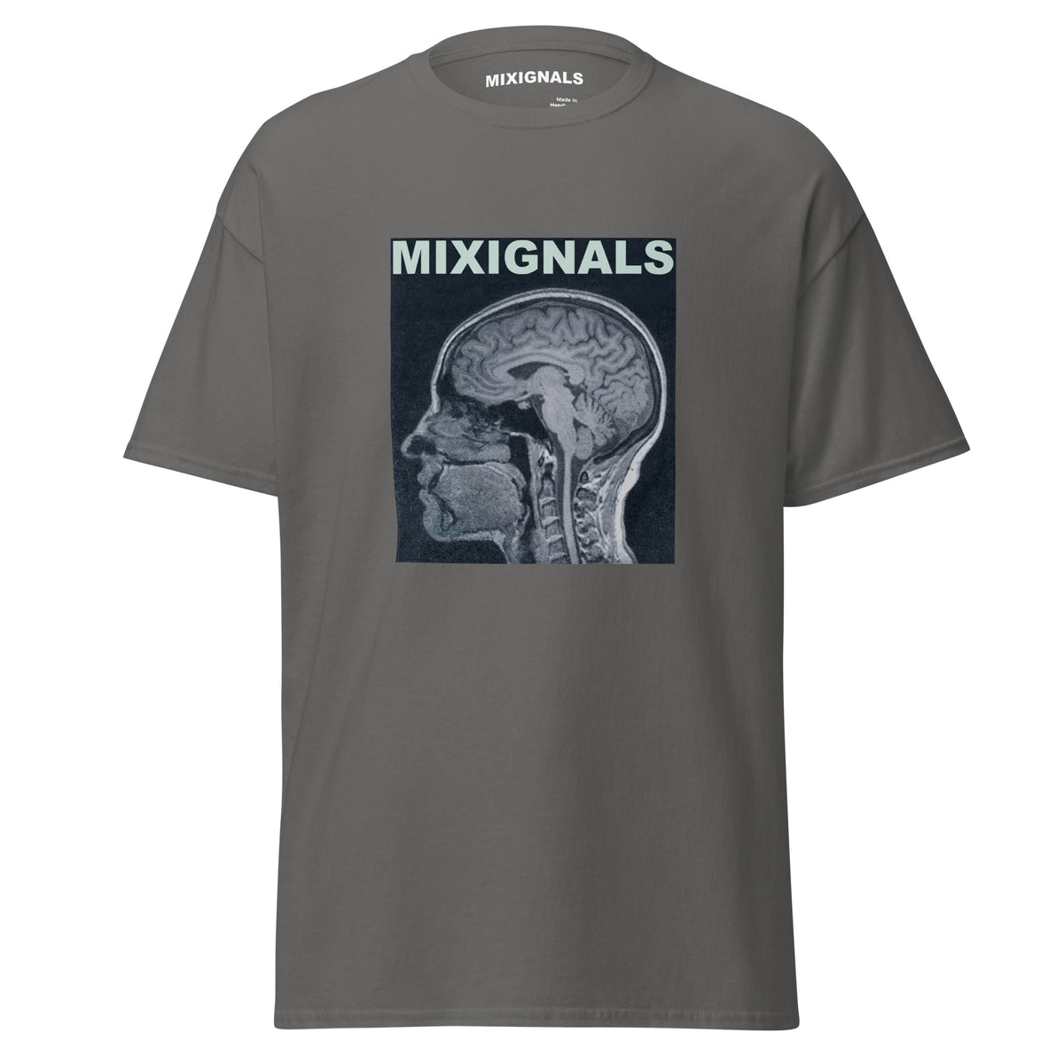 BRAIN SCAN INVERT print on charcoal unisex t-shirt, front view – inverted MRI brain scan in profile, cold blue-grey negative – MIXIGNALS