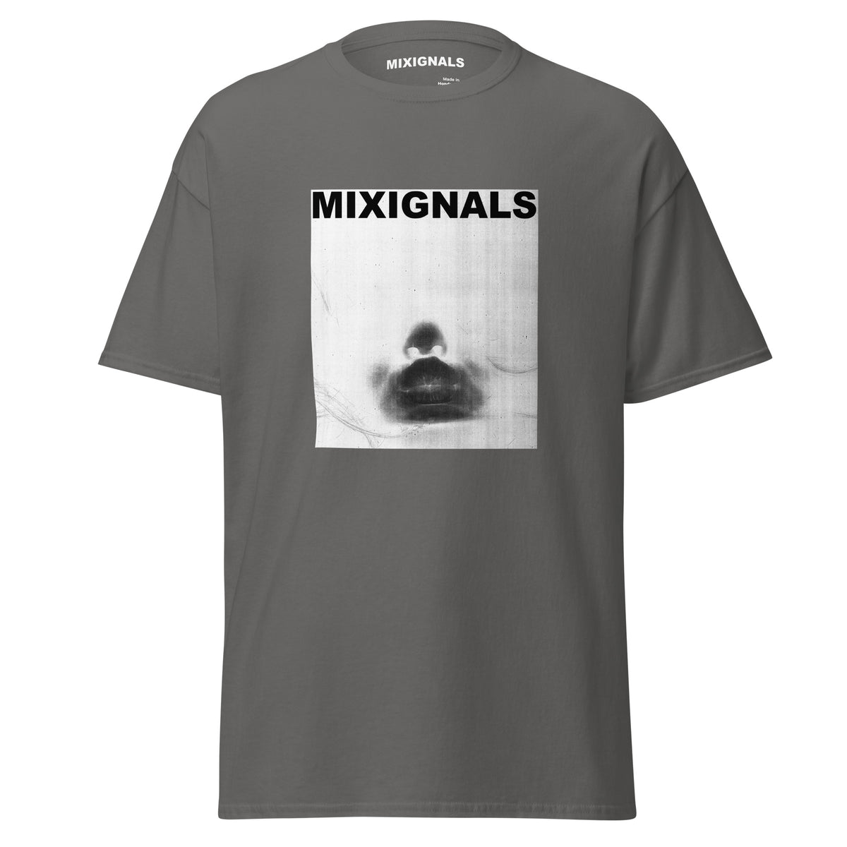 KISS INVERT print on charcoal unisex t-shirt, front view – colour-inverted Xerox scan of lips, dark lips on a pale panel – MIXIGNALS