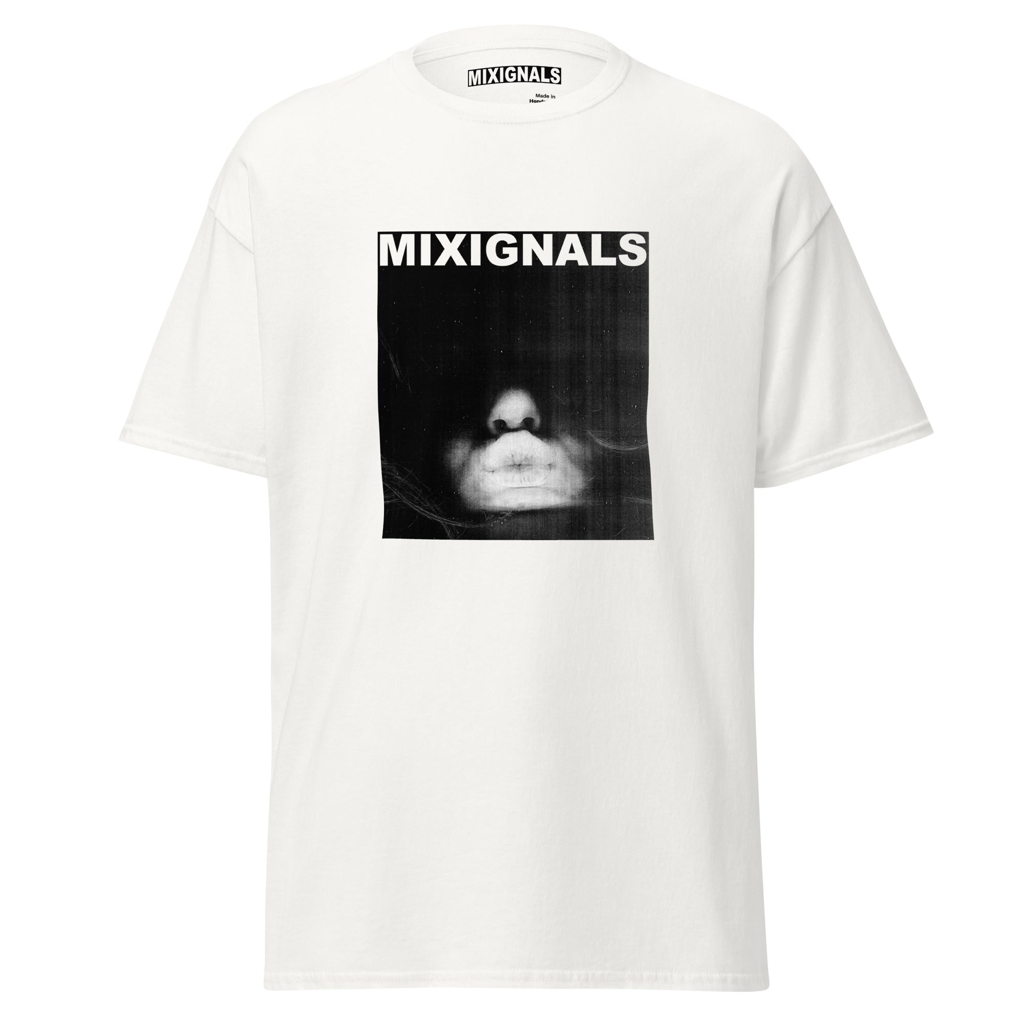 Black and white Mixignals t-shirt featuring abstract close-up photocopy image of nose and lips  — minimalist experimental art tee.