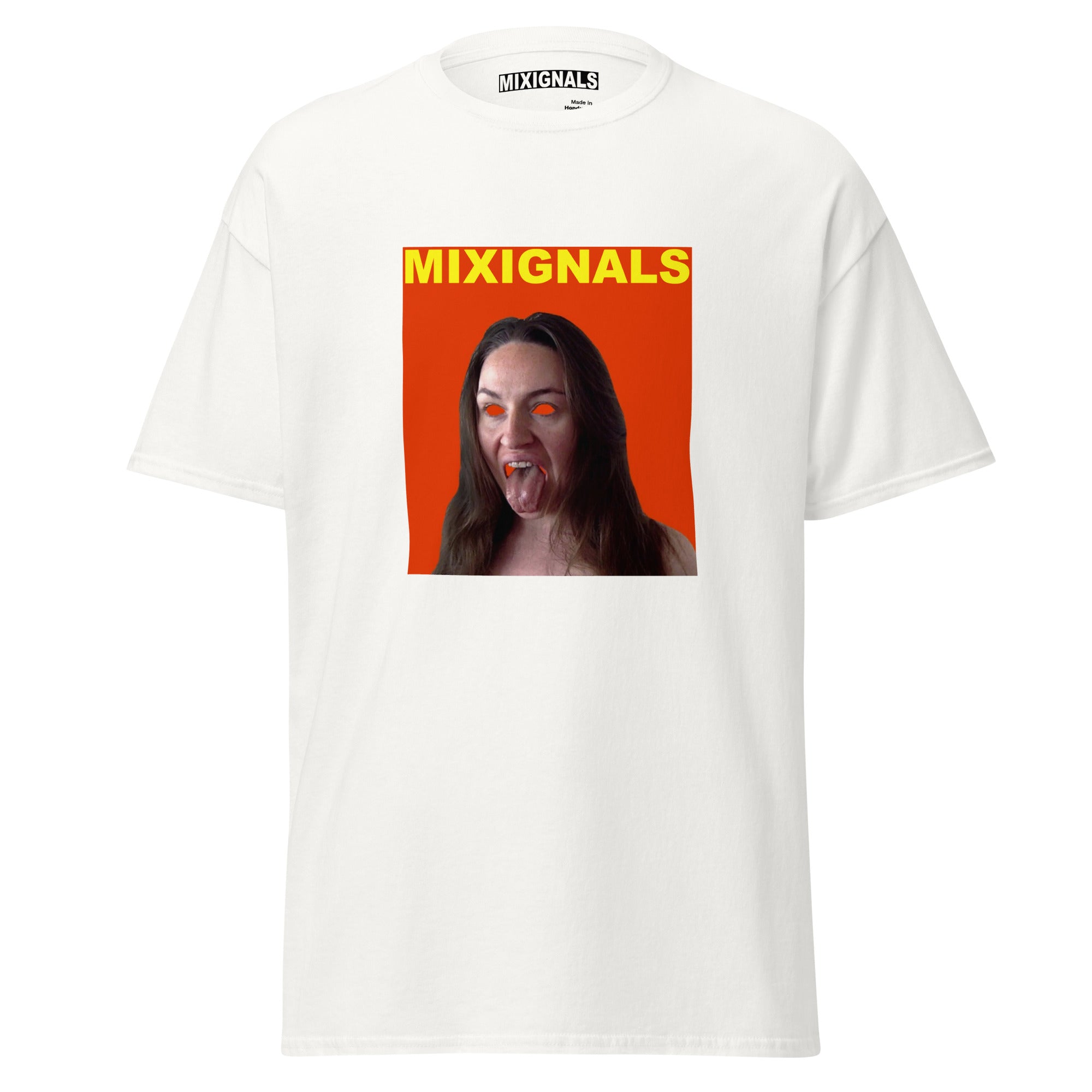 Graphic Mixignals t-shirt design featuring a distorted face with glowing orange eyes and tongue on a bright orange background — bold experimental streetwear art