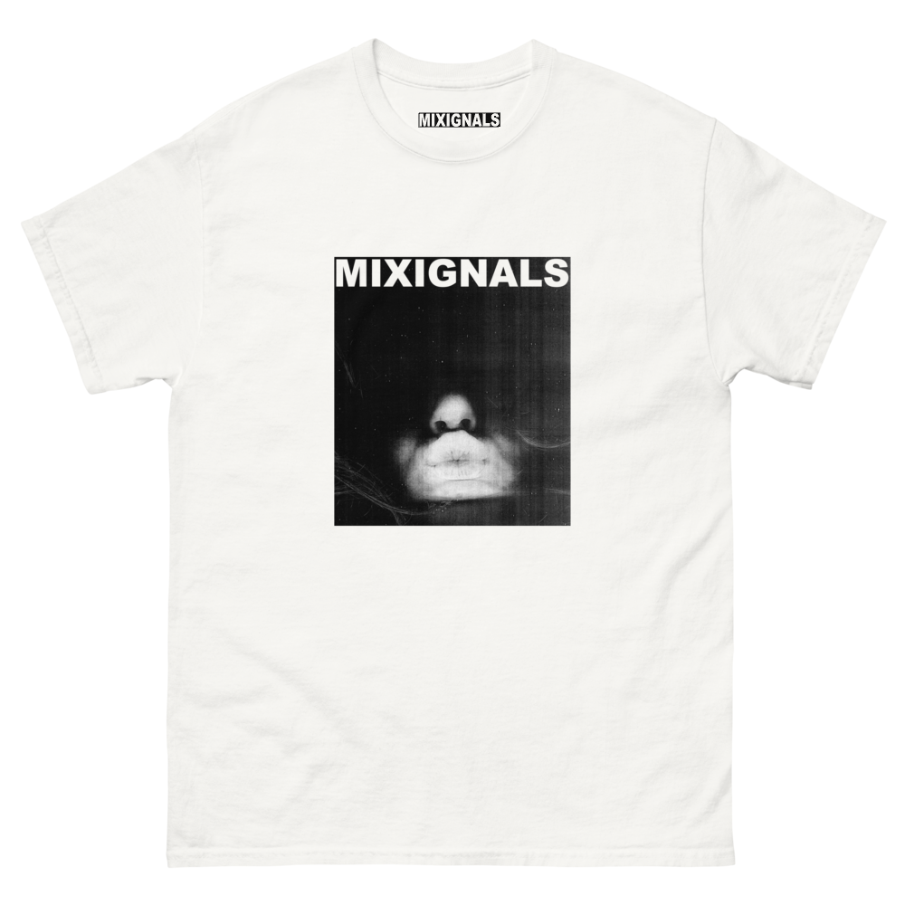 Photocopy-style abstract lips and nose kiss artwork for Mixignals graphic cotton t-shirt.