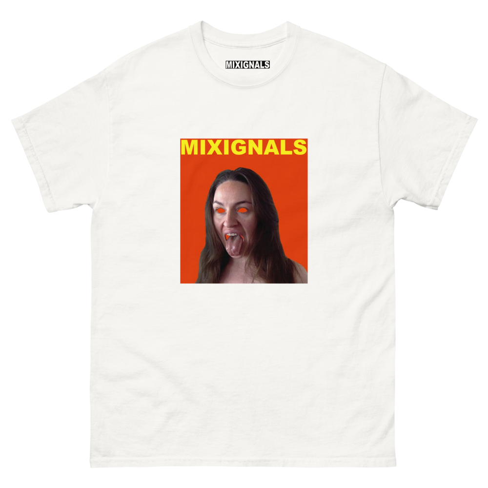 Surreal expressive female portrait artwork in red for alternative graphic tee by Mixignals.