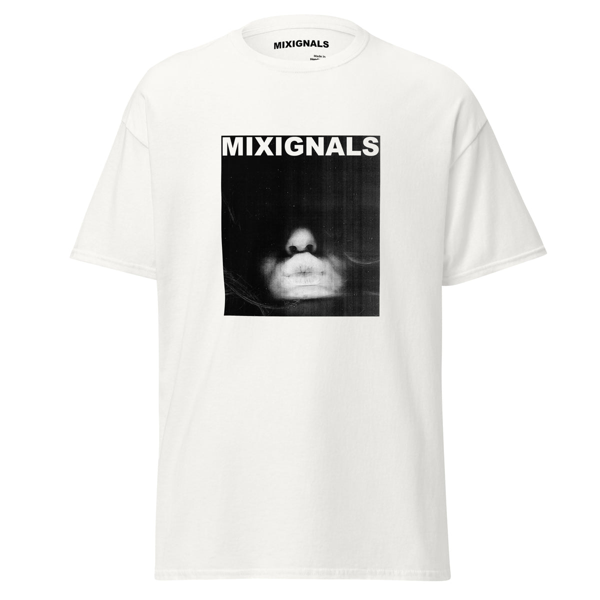 MIXIGNALS KISS tee, cropped black-and-white Xerox self-portrait by Alex Beriault