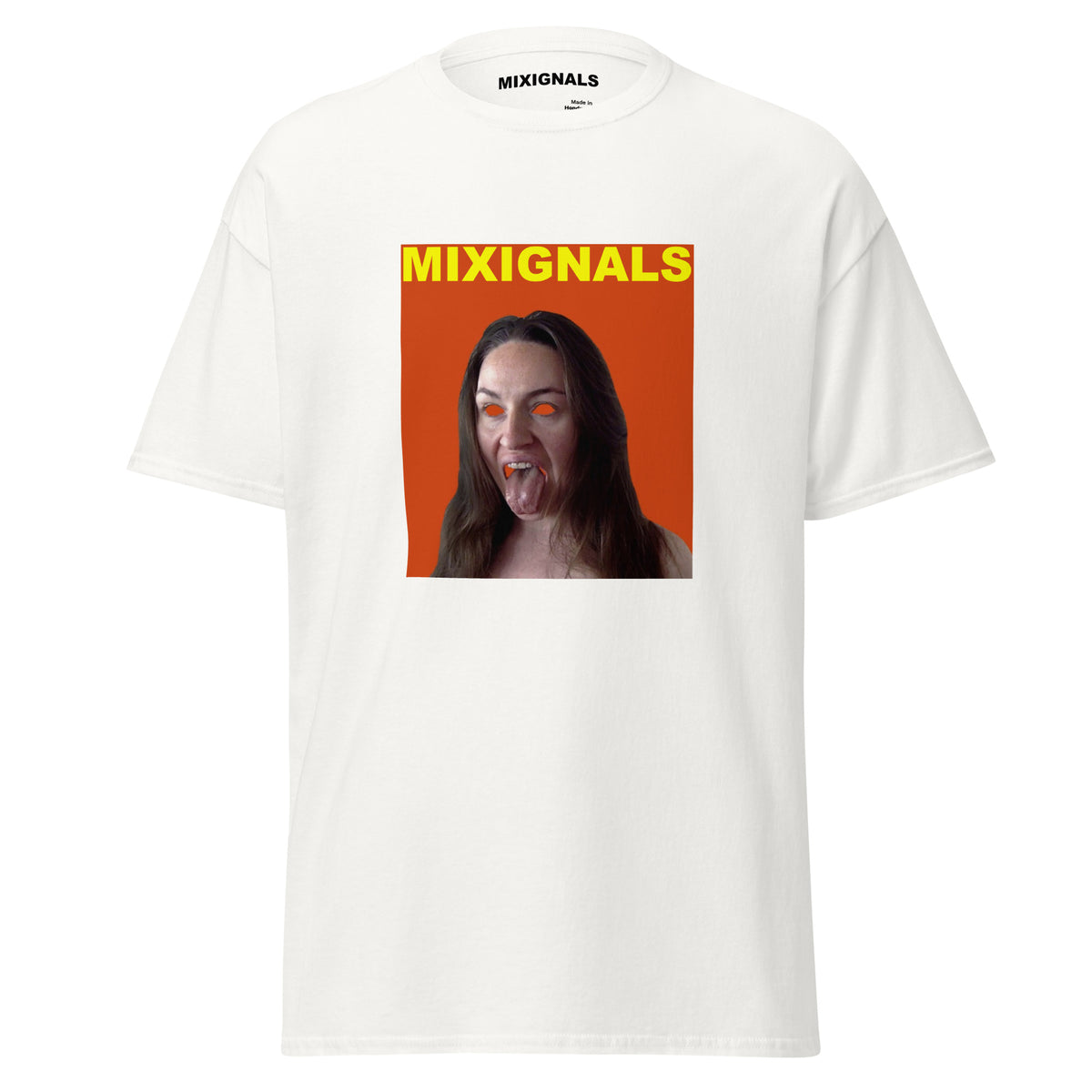 SIMHASANA print on white unisex t-shirt, front view – lion-pose portrait with tongue out on orange-red background – MIXIGNALS