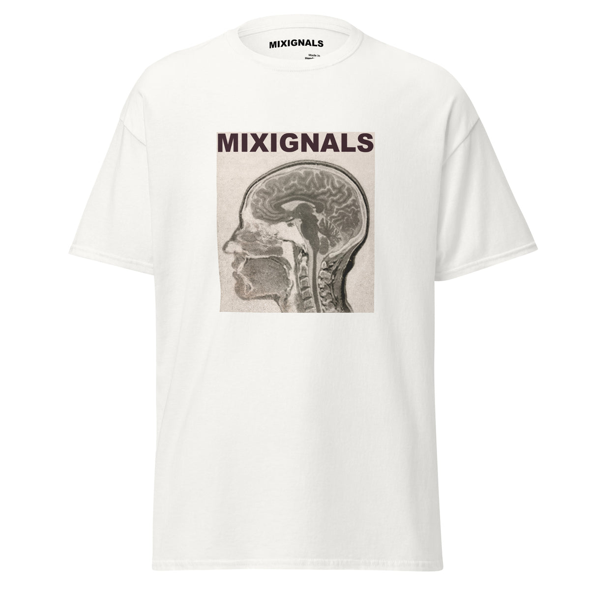 BRAIN SCAN print on white unisex t-shirt, front view – sepia MRI brain scan in profile – MIXIGNALS