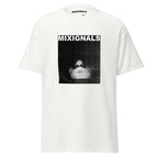 KISS print on white unisex t-shirt, front view – black-and-white Xerox scan of lips and face – MIXIGNALS