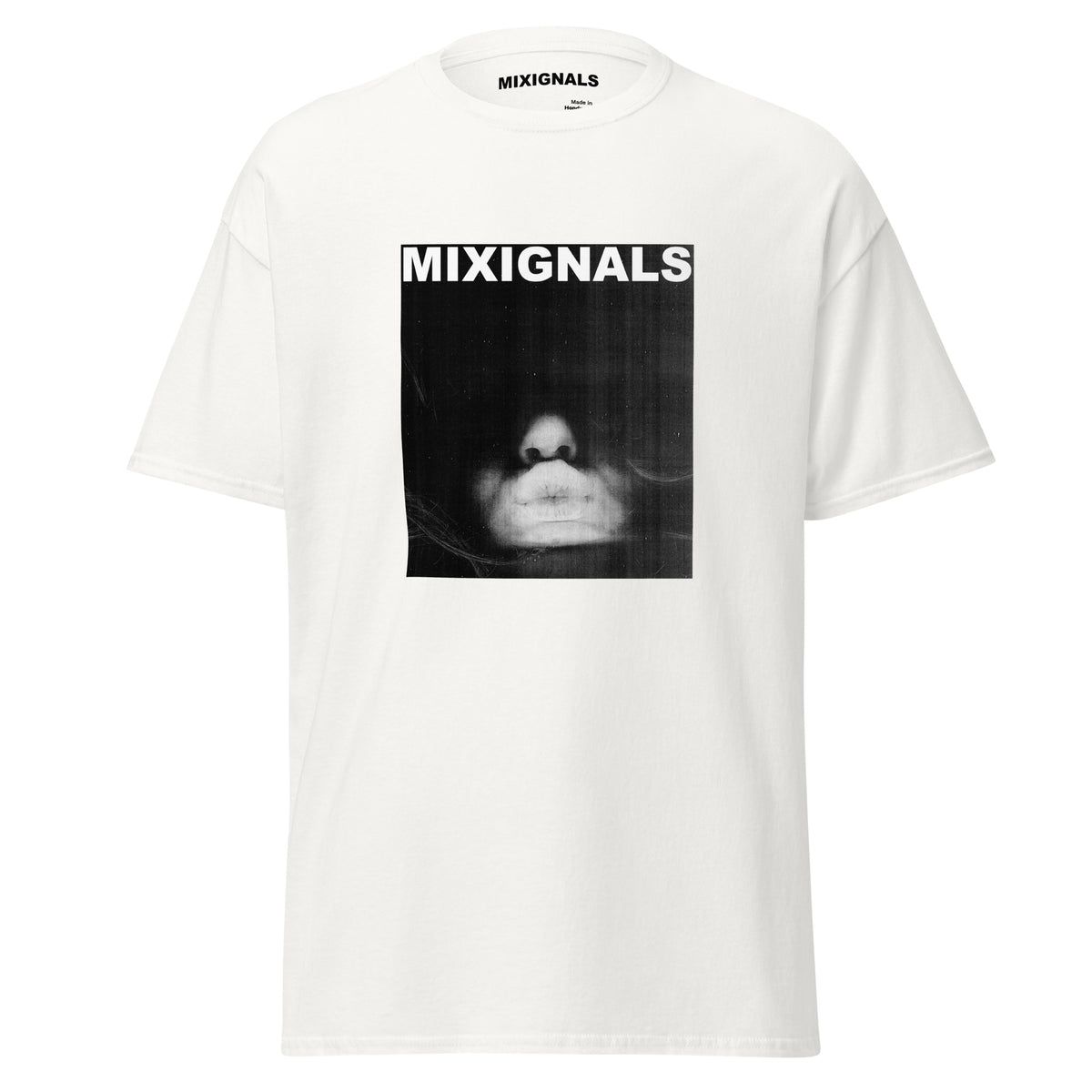 KISS print on white unisex t-shirt, front view – black-and-white Xerox scan of lips and face – MIXIGNALS