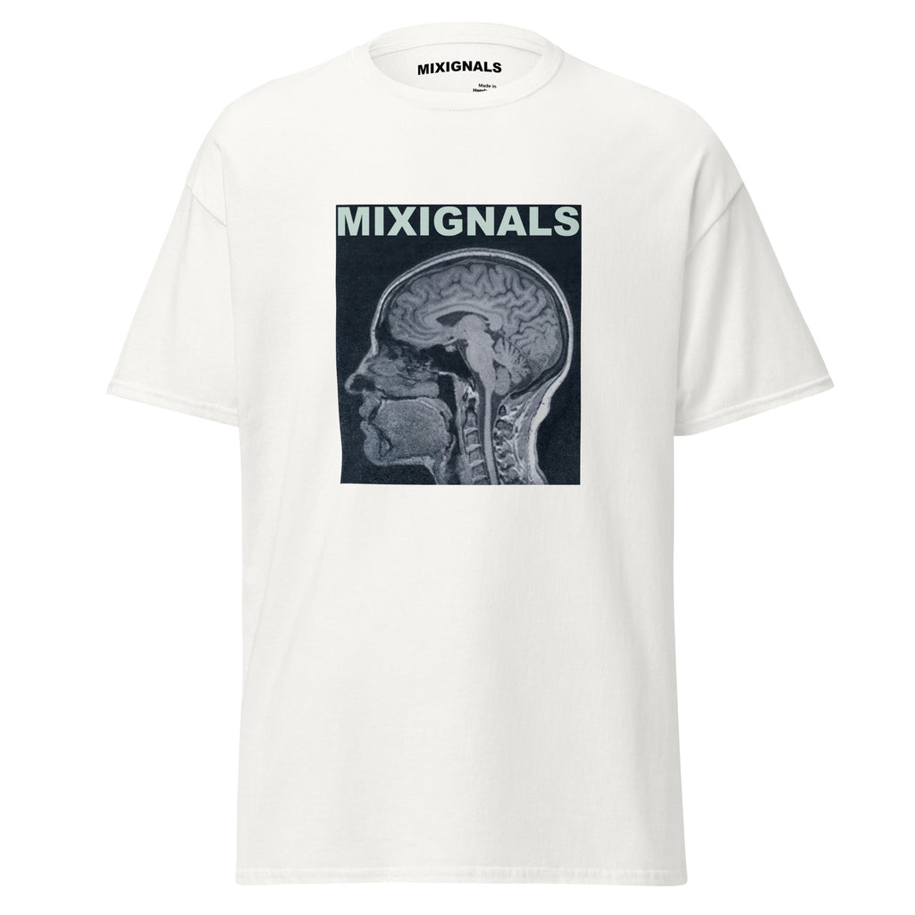 BRAIN SCAN INVERT print on white unisex t-shirt, front view – inverted MRI brain scan in profile, cold blue-grey negative – MIXIGNALS