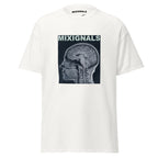 BRAIN SCAN INVERT print on white unisex t-shirt, front view – inverted MRI brain scan in profile, cold blue-grey negative – MIXIGNALS