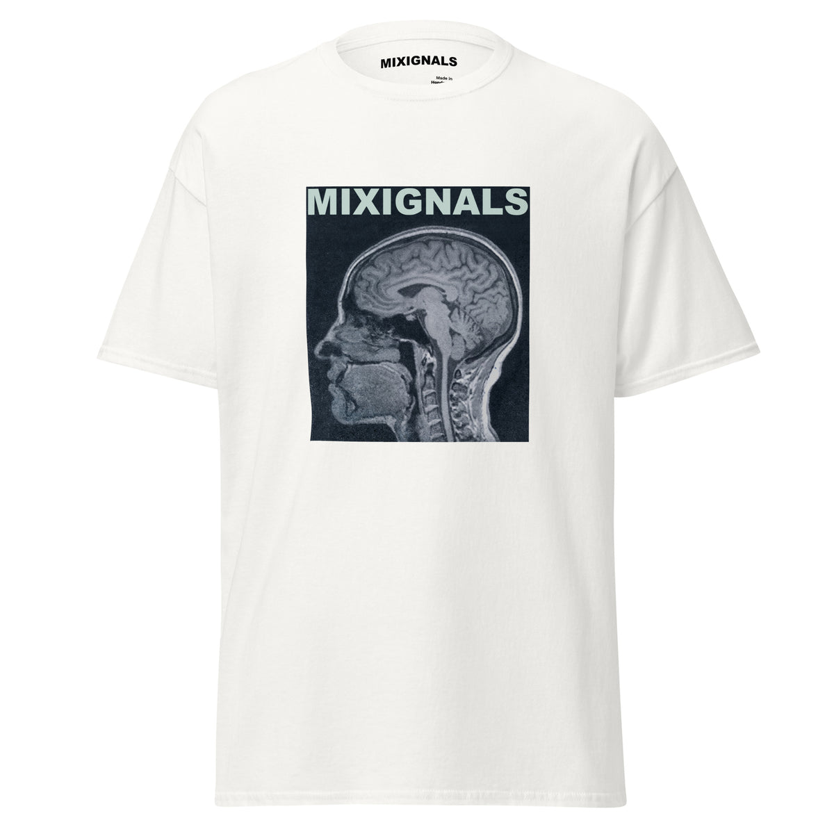 BRAIN SCAN INVERT print on white unisex t-shirt, front view – inverted MRI brain scan in profile, cold blue-grey negative – MIXIGNALS