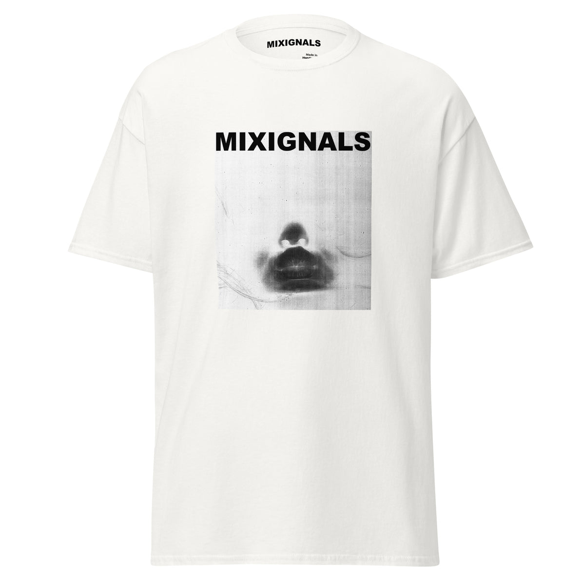 KISS INVERT print on white unisex t-shirt, front view – colour-inverted Xerox scan of lips, dark lips on a pale panel – MIXIGNALS