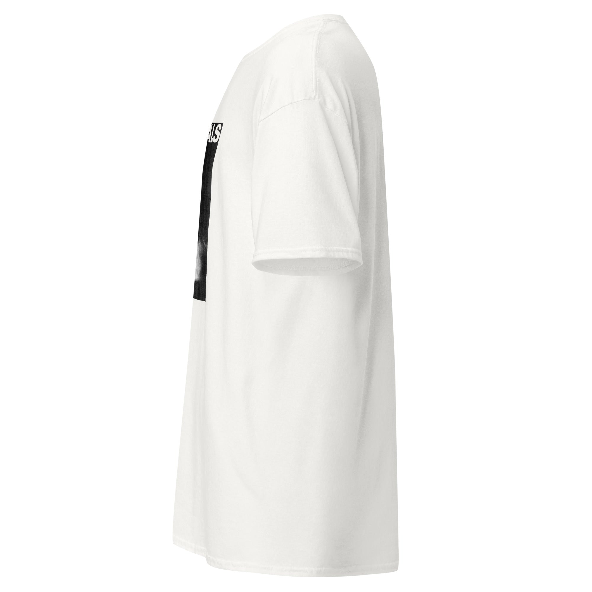 Grainy monochrome face detail graphic on Mixignals unisex cotton shirt — dark minimalist streetwear design. 