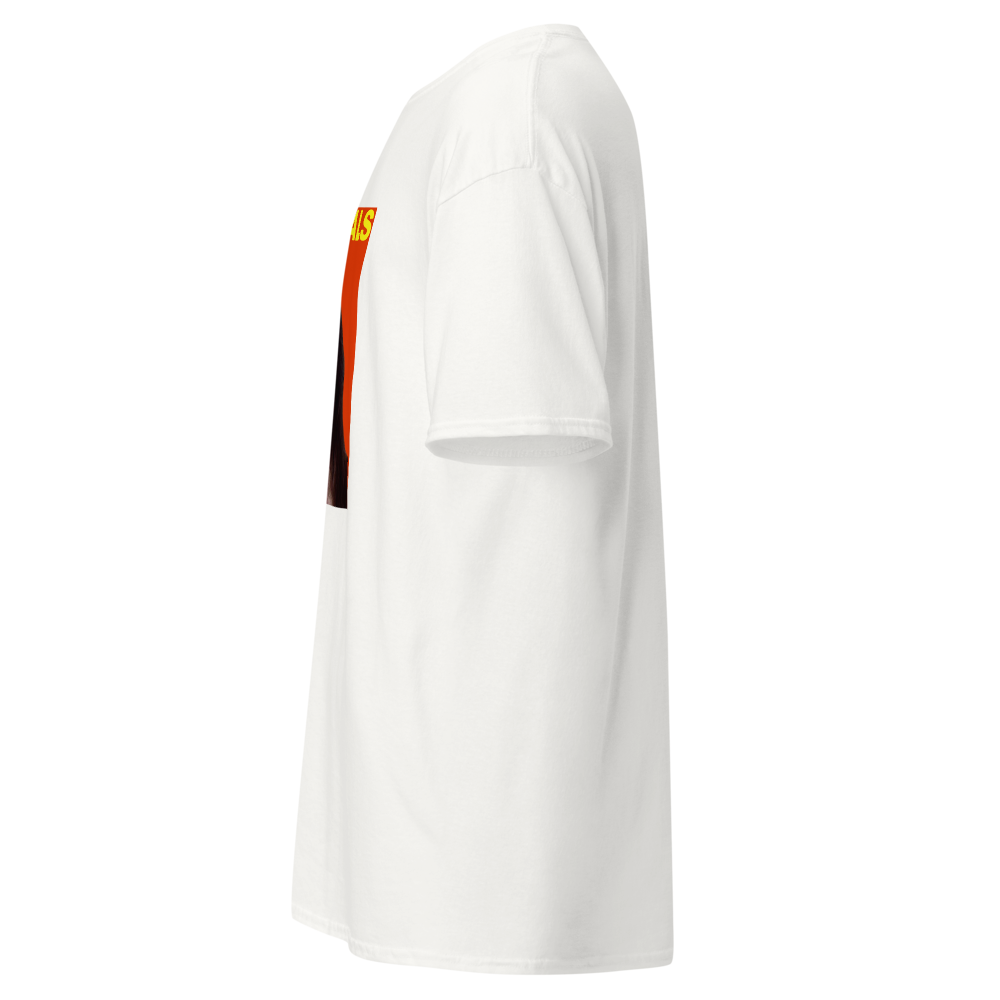 Psychedelic face graphic with cut-out eyes and tongue on orange background for Mixignals unisex cotton shirt.